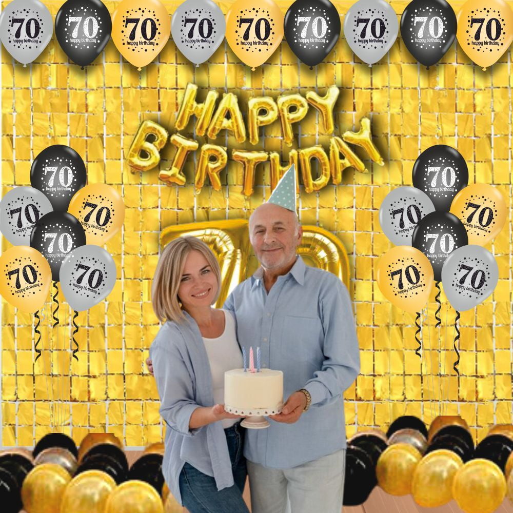 The Magic Balloons- Happy 70th Birthday decoration kit combo- 48 pcs Black Golden & silver 30 pcs rubber/latex balloons, Birthday Foil banner with 30 Number foil, 2pcs Golden foil Curtain & air-pump