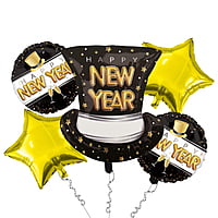 The Magic Balloons - New Year Theme Foil Balloons For New Year Party Decor Pack of 5pcs Star, Circle and Hat Foil Balloons For Home and Offices.