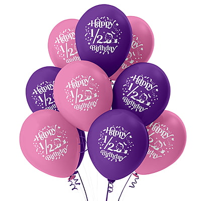 The Magic Balloons - Happy Half Birthday Decoration Metallic Balloons 1/2 Birthday Pack of 10pcs | 12” Pink and Purple Half Birthday Balloons Perfect for Girls | Party Supplies