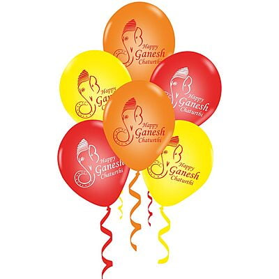The Magic Balloons Store-Happy Ganesh Chaturthi decoration Balloons, Ganesh Chaturthi decorations at mandaps/ home Pack of 30 multicolour Metallic yellow, metallic orange metallic Red balloons-181453
