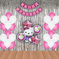 The Magic Balloons Hello Kitty Birthday Party Decoration combo kits –Hello Kitty Birthday Combo Pack of 38 Pcs, foil 5 pcs Set,1 Happy Birthday banner, 2 Foil Curtains,30 Balloons-181455