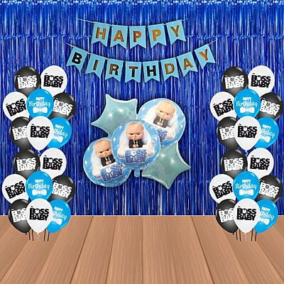 The Magic Balloons Boss Baby Birthday Party Decoration combo kits –Boss Baby Birthday Combo Pack of 38 Pcs, foil Balloons 5 pcs Set,1 Happy Birthday banner, 2 Foil Curtains,30 Printed Balloons-181476