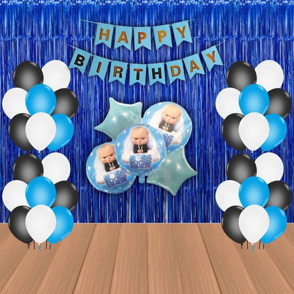 The Magic Balloons Store – Boss Baby Birthday Party Decoration combo kits –Boss Baby Birthday Combo Pack of 38 Pcs, foil 5 pcs Set,1 Happy Birthday banner, 2 Foil Curtains,30 Balloons-181546