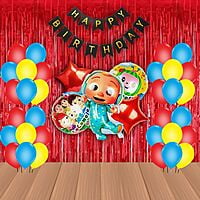 The Magic Balloons Store – Cocomelon Birthday Party Decoration combo kits – Cocomelon Birthday Combo Pack of 38 Pcs, foil 5 pcs Set,1 Happy Birthday banner, 2 Foil Curtains,30 Balloons-181548