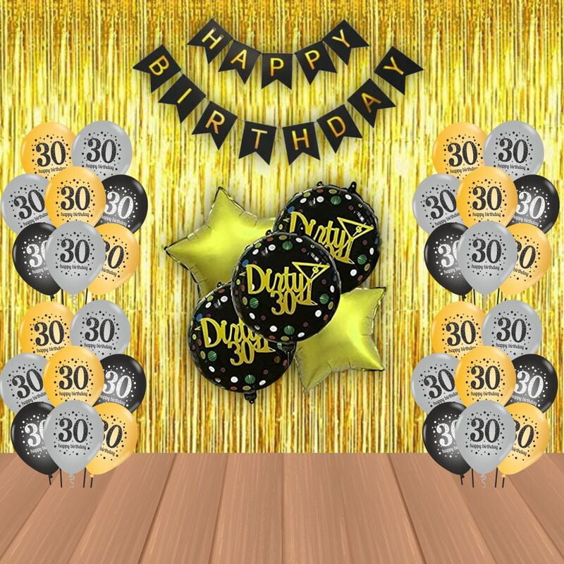 The Magic Balloons Store – Printed Dirty 30 Birthday Party Decoration combo kits – Dirty 30 Birthday Combo Pack of 38 Pcs, foil 5 pcs Set,1 Happy Birthday banner, 2 Foil Curtains,30 Balloons-181550