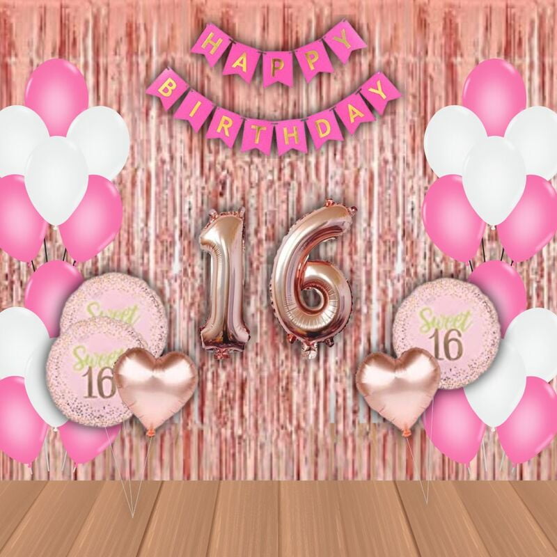 The Magic Balloons-Sweet 16 Balloons combo with pink/white balloons for décor 30 latex balloons 5 foils set 16 rose gold foil 2 curtain 1banner Birthday Decoration/Party Supplies -Pack of 39 pcs