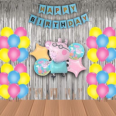 The Magic Balloons- Peppa Pig Birthday Party Decoration combo kit Peppa Pig Foil Balloons Set of 5 pcs,1 Happy Birthday banner, 2 Silver Foil Curtains, 30 Peppa theme color Balloons Pack of 38 pcs