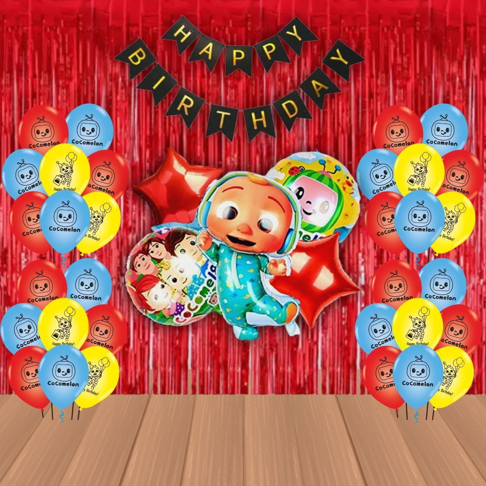 The Magic Balloons Store – Printed Cocomelon Birthday Party Theme Decoration combo kits – Combo Pack of 38 Pcs, foil 5 pcs Set,1 Happy Birthday banner, 2 Foil Curtains, 30 Balloons-181593