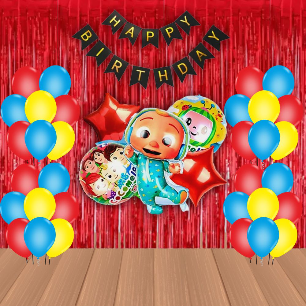 The Magic Balloons Store – Cocomelon Birthday Party Theme Decoration combo kits – Combo Pack of 38 Pcs, foil 5 pcs Set,1 Happy Birthday banner, 2 Foil Curtains, 30 Balloons-181594