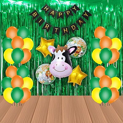 The Magic Balloons Store – Jungle Theme Party Decoration combo kits – Birthday Party Decoration Combo 38 Pcs, foil 5 pcs Set,1 Happy Birthday banner, 2 Foil Curtains, 30 Balloons-181563C