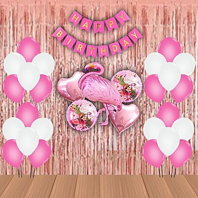 The Magic Balloons- Flamingo Theme Party Decoration Combo Kit for Theme Party, Birthday, House Party Decoration Combo 38 pcs, Foil 5 pcs set, 2 Foil Curtain 1 Banner and 30 Balloons- 181571