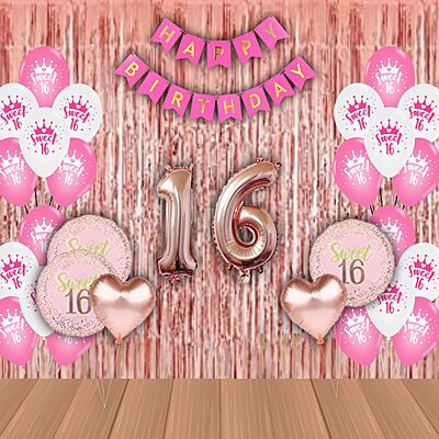 The Magic Balloons-Sweet 16 Balloons combo with printed balloons 30 Sweet 16 printed balloons 5 foils set 16 rose gold foil 2 curtain 1 banner Birthday Decoration/Party Supplies-Pack of 39 pcs The Magic Balloons-Sweet 16 Balloons combo with printed balloons 30 Sweet 16 printed balloons 5 foils set 16 rose gold foil 2 curtain 1 banner Birthday Decoration/Party Supplies-Pack of 39 pcs