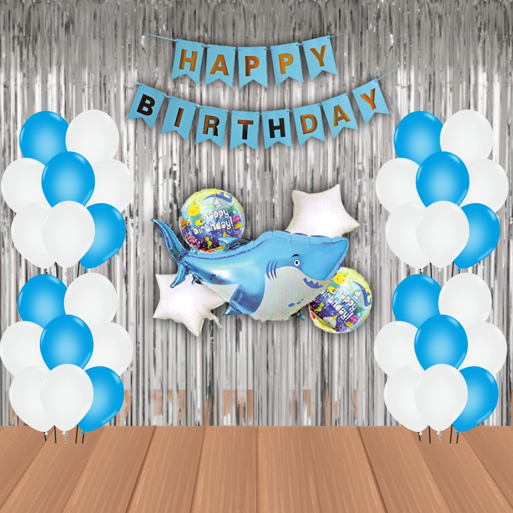The Magic Balloons Store – Shark Theme Birthday Party Decoration combo kits – Shark Theme Birthday Combo Pack of 38 Pcs, foil 5 pcs Set,1 Happy Birthday banner, 2 Foil Curtains, 30 Balloons-181552 The Magic Balloons Store – Shark Theme Birthday Party Decoration combo kits – Shark Theme Birthday Combo Pack of 38 Pcs, foil 5 pcs Set,1 Happy Birthday banner, 2 Foil Curtains, 30 Balloons-181552