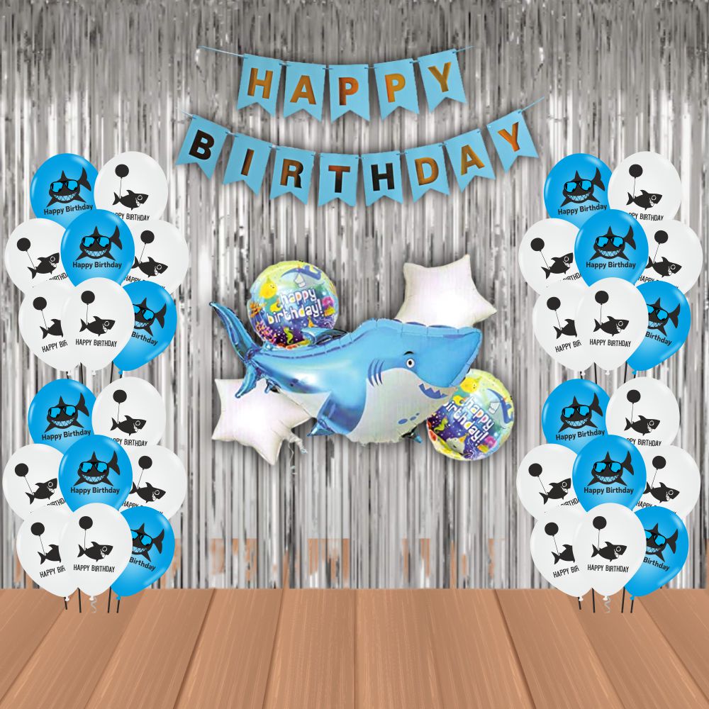 The Magic Balloons Store – Printed Shark Theme Birthday Party Decoration combo kits – Shark Theme Birthday Combo 38 Pcs, foil 5 pcs Set,1 Happy Birthday banner, 2 Foil Curtains, 30 Balloons-181551 The Magic Balloons Store – Printed Shark Theme Birthday Party Decoration combo kits – Shark Theme Birthday Combo 38 Pcs, foil 5 pcs Set,1 Happy Birthday banner, 2 Foil Curtains, 30 Balloons-181551