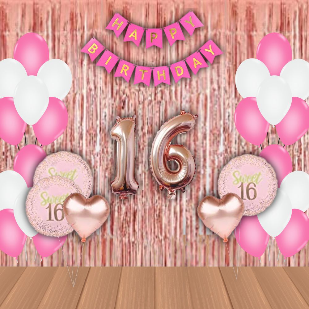 The Magic Balloons-Sweet 16 Balloons combo with pink/white balloons for décor 30 latex balloons 5 foils set 16 rose gold foil 2 curtain 1banner Birthday Decoration/Party Supplies -Pack of 39 pcs The Magic Balloons-Sweet 16 Balloons combo with pink/white balloons for décor 30 latex balloons 5 foils set 16 rose gold foil 2 curtain 1banner Birthday Decoration/Party Supplies -Pack of 39 pcs