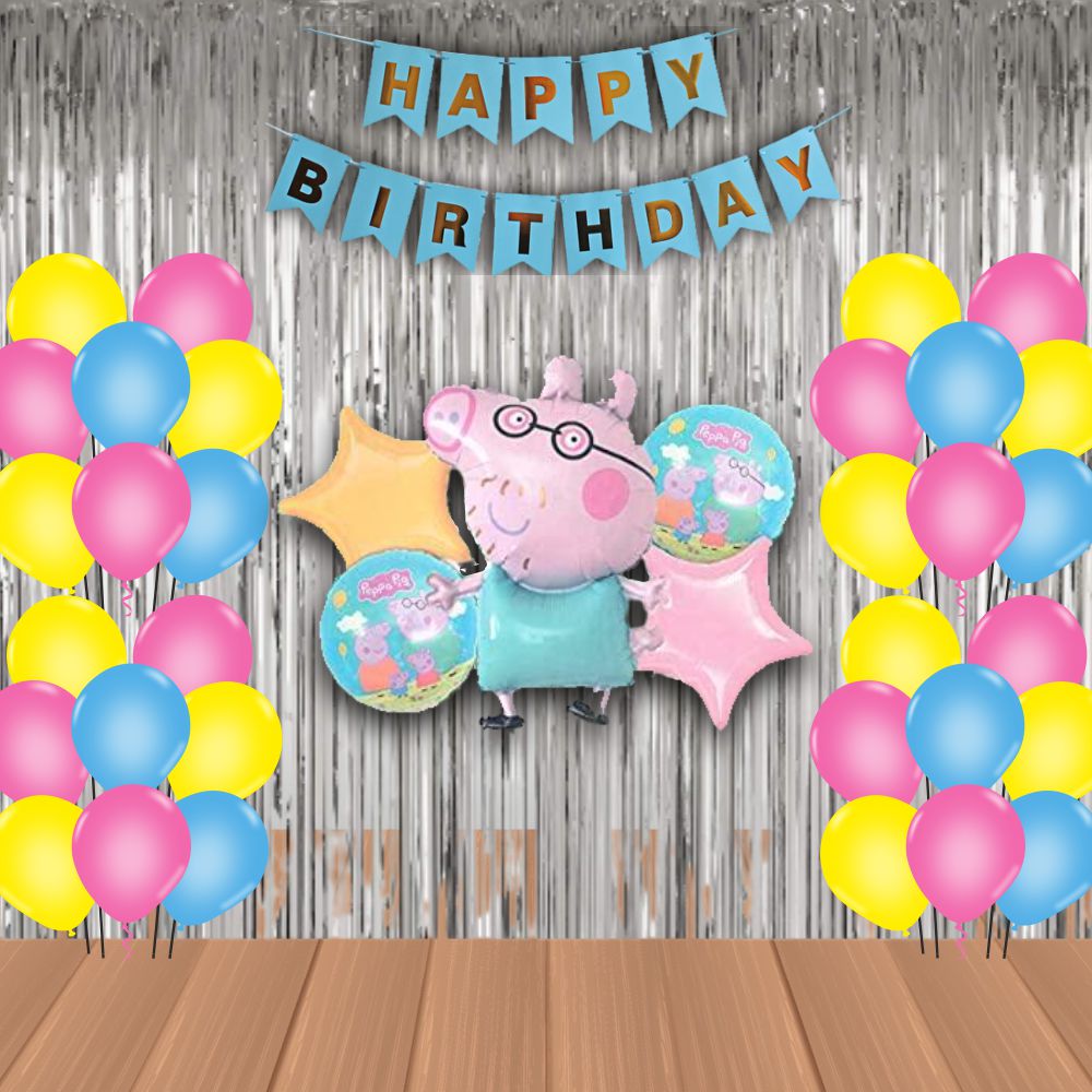 The Magic Balloons- Peppa Pig Birthday Party Decoration combo kit Peppa Pig Foil Balloons Set of 5 pcs,1 Happy Birthday banner, 2 Silver Foil Curtains, 30 Peppa theme color Balloons Pack of 38 pcs The Magic Balloons- Peppa Pig Birthday Party Decoration combo kit Peppa Pig Foil Balloons Set of 5 pcs,1 Happy Birthday banner, 2 Silver Foil Curtains, 30 Peppa theme color Balloons Pack of 38 pcs