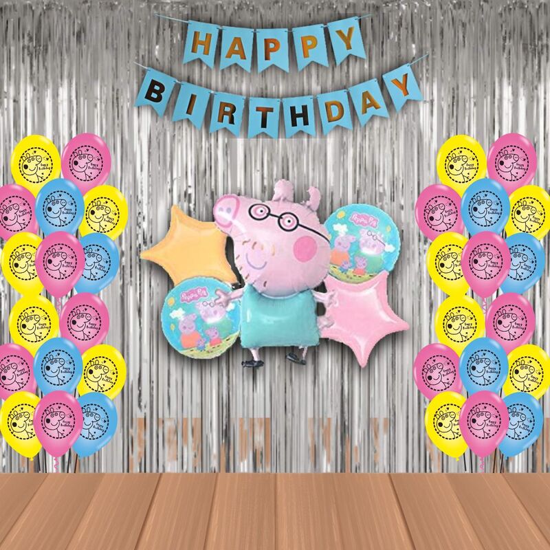 The Magic Balloons- Peppa Pig Birthday Party Decoration combo kit Pack of 38 pcs Peppa Pig Foil Balloons Set of 5 pcs,1 Happy Birthday banner, 2 Silver Foil Curtains, 30 Peppa theme printed Balloons The Magic Balloons- Peppa Pig Birthday Party Decoration combo kit Pack of 38 pcs Peppa Pig Foil Balloons Set of 5 pcs,1 Happy Birthday banner, 2 Silver Foil Curtains, 30 Peppa theme printed Balloons