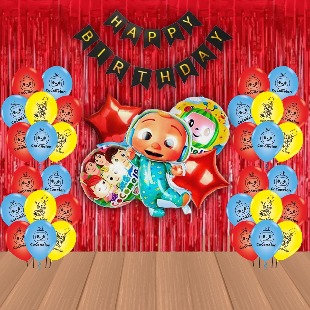 The Magic Balloons Store – Printed Cocomelon Birthday Party Theme Decoration combo kits – Combo Pack of 38 Pcs, foil 5 pcs Set,1 Happy Birthday banner, 2 Foil Curtains, 30 Balloons-181593 The Magic Balloons Store – Printed Cocomelon Birthday Party Theme Decoration combo kits – Combo Pack of 38 Pcs, foil 5 pcs Set,1 Happy Birthday banner, 2 Foil Curtains, 30 Balloons-181593