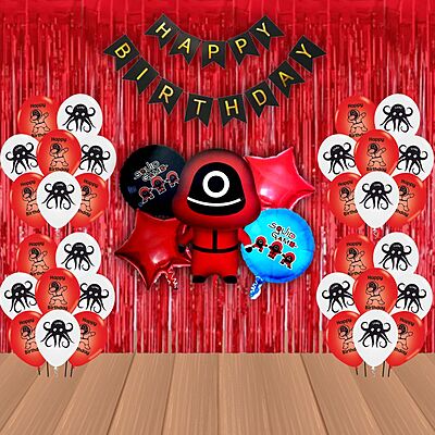 The Magic Balloons Store – Printed Squid Birthday Party Theme Decoration combo kits – Printed Combo Pack of 38 Pcs, foil 5 pcs Set,1 Happy Birthday banner, 2 Foil Curtains, 30 Balloons-181590 The Magic Balloons Store – Printed Squid Birthday Party Theme Decoration combo kits – Printed Combo Pack of 38 Pcs, foil 5 pcs Set,1 Happy Birthday banner, 2 Foil Curtains, 30 Balloons-181590