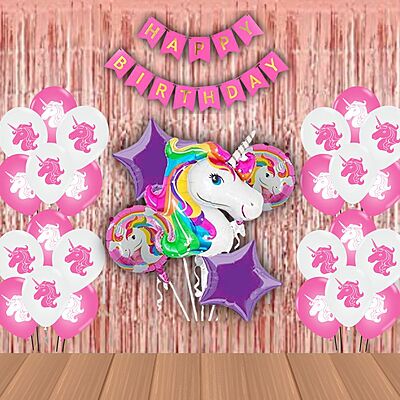 The Magic Balloons- Printed Unicorn Theme Party Decoration Combo Kit for Theme Party, Happy Birthday Decoration Combo 38 pcs, Foil 5 pcs set, 2 Foil Curtain 1 Banner and 30 Balloons- 181573 The Magic Balloons- Printed Unicorn Theme Party Decoration Combo Kit for Theme Party, Happy Birthday Decoration Combo 38 pcs, Foil 5 pcs set, 2 Foil Curtain 1 Banner and 30 Balloons- 181573