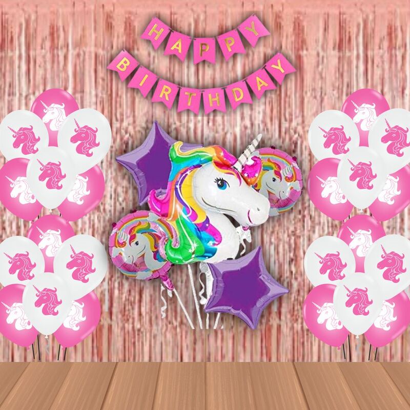 The Magic Balloons- Printed Unicorn Theme Party Decoration Combo Kit for Theme Party, Happy Birthday Decoration Combo 38 pcs, Foil 5 pcs set, 2 Foil Curtain 1 Banner and 30 Balloons- 181573 The Magic Balloons- Printed Unicorn Theme Party Decoration Combo Kit for Theme Party, Happy Birthday Decoration Combo 38 pcs, Foil 5 pcs set, 2 Foil Curtain 1 Banner and 30 Balloons- 181573