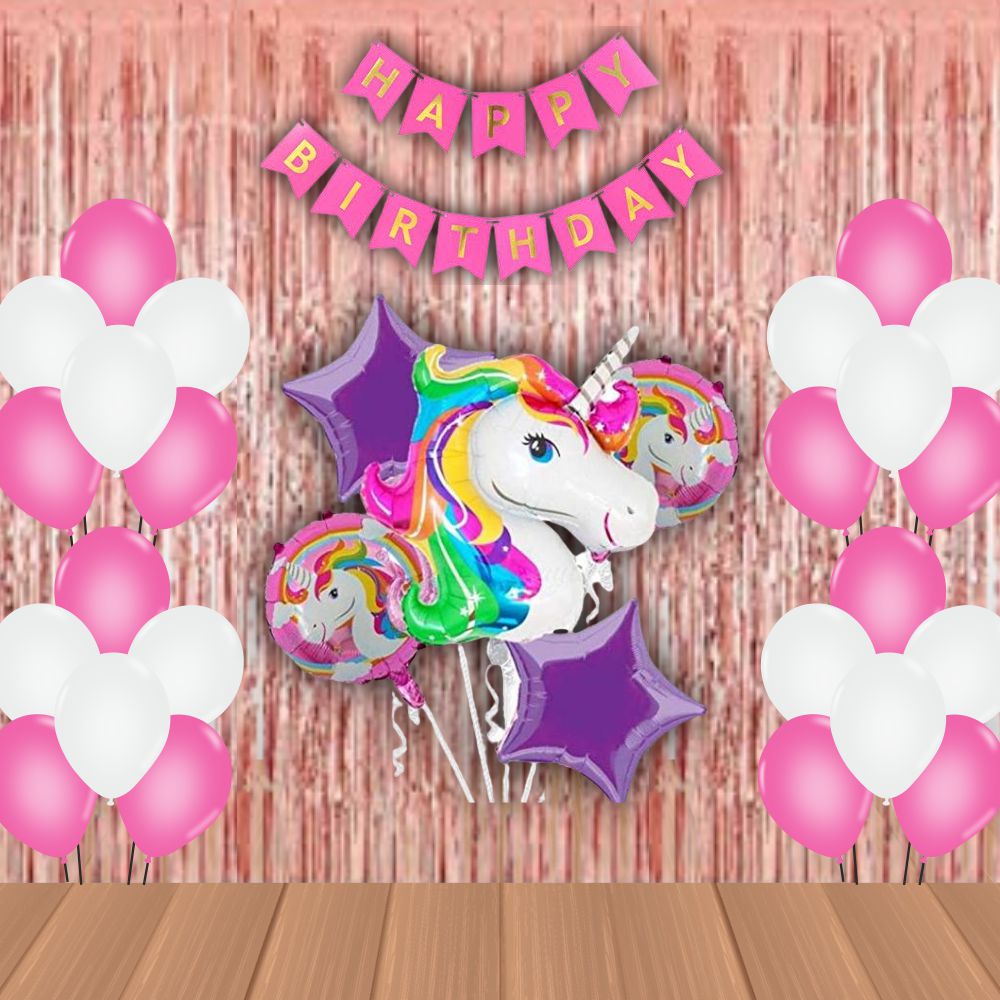 The Magic Balloons Store- Unicorn Theme Party Decoration Combo Kit for Theme Party, Birthday, House Party Decoration Combo 38 pcs, Foil 5 pcs set, 2 Foil Curtain 1 Banner and 30 Balloons- 181570 The Magic Balloons Store- Unicorn Theme Party Decoration Combo Kit for Theme Party, Birthday, House Party Decoration Combo 38 pcs, Foil 5 pcs set, 2 Foil Curtain 1 Banner and 30 Balloons- 181570