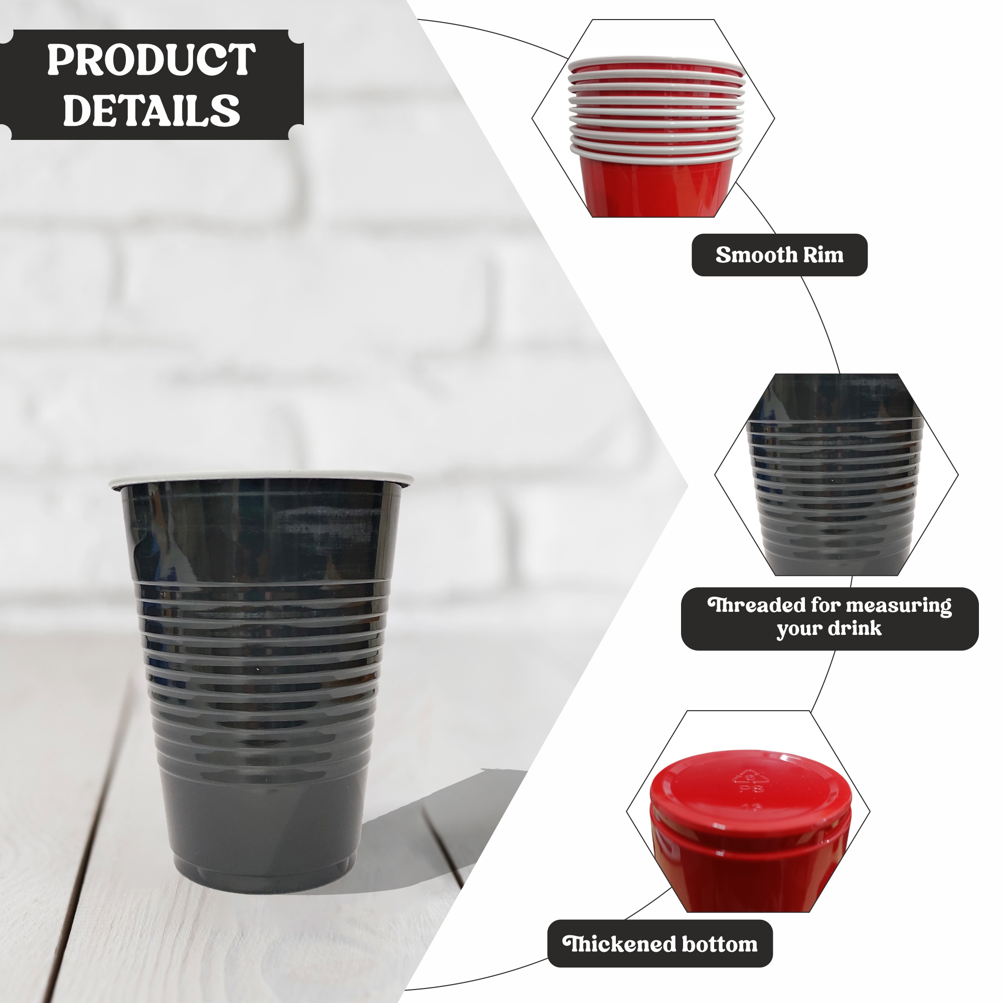 Red & Black Beer Pong Glasses Set of 50 -450ml | Reusable Party Cups for  Celebrations