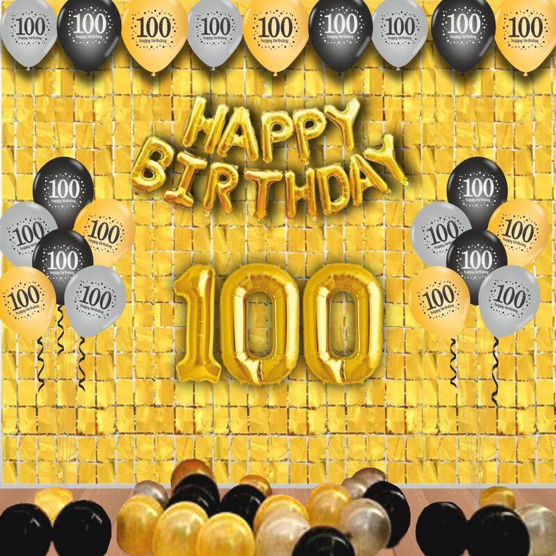 The Magic Balloons- Happy 100th Birthday decoration kit combo 49 pcs Black Golden & silver 30 pcs rubber balloons, Happy Birthday foil banner with 100 Number foil, 2pcs Golden foil Curtain & air-pump The Magic Balloons- Happy 100th Birthday decoration kit combo 49 pcs Black Golden & silver 30 pcs rubber balloons, Happy Birthday foil banner with 100 Number foil, 2pcs Golden foil Curtain & air-pump