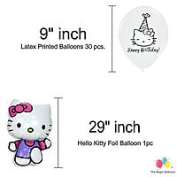 The Magic Balloons Hello Kitty Birthday Party Decoration combo kits –Hello Kitty Birthday Combo Pack of 38 Pcs, foil 5 pcs Set,1 Happy Birthday banner, 2 Foil Curtains,30 Printed Balloons-181454