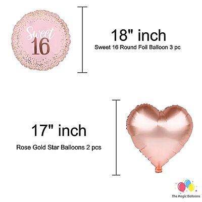The Magic Balloons-Sweet 16 Balloons combo with printed balloons 30 Sweet 16 printed balloons 5 foils set 16 rose gold foil 2 curtain 1 banner Birthday Decoration/Party Supplies-Pack of 39 pcs The Magic Balloons-Sweet 16 Balloons combo with printed balloons 30 Sweet 16 printed balloons 5 foils set 16 rose gold foil 2 curtain 1 banner Birthday Decoration/Party Supplies-Pack of 39 pcs