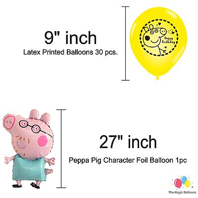 The Magic Balloons- Peppa Pig Birthday Party Decoration combo kit Pack of 38 pcs Peppa Pig Foil Balloons Set of 5 pcs,1 Happy Birthday banner, 2 Silver Foil Curtains, 30 Peppa theme printed Balloons The Magic Balloons- Peppa Pig Birthday Party Decoration combo kit Pack of 38 pcs Peppa Pig Foil Balloons Set of 5 pcs,1 Happy Birthday banner, 2 Silver Foil Curtains, 30 Peppa theme printed Balloons