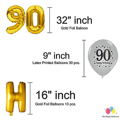 The Magic Balloons- Happy 90th Birthday decoration kit combo 48 pcs Black Golden & silver 30 pcs rubber balloons, Happy Birthday foil banner with 90 Number foil, 2pcs Golden foil Curtain & air-pump The Magic Balloons- Happy 90th Birthday decoration kit combo 48 pcs Black Golden & silver 30 pcs rubber balloons, Happy Birthday foil banner with 90 Number foil, 2pcs Golden foil Curtain & air-pump