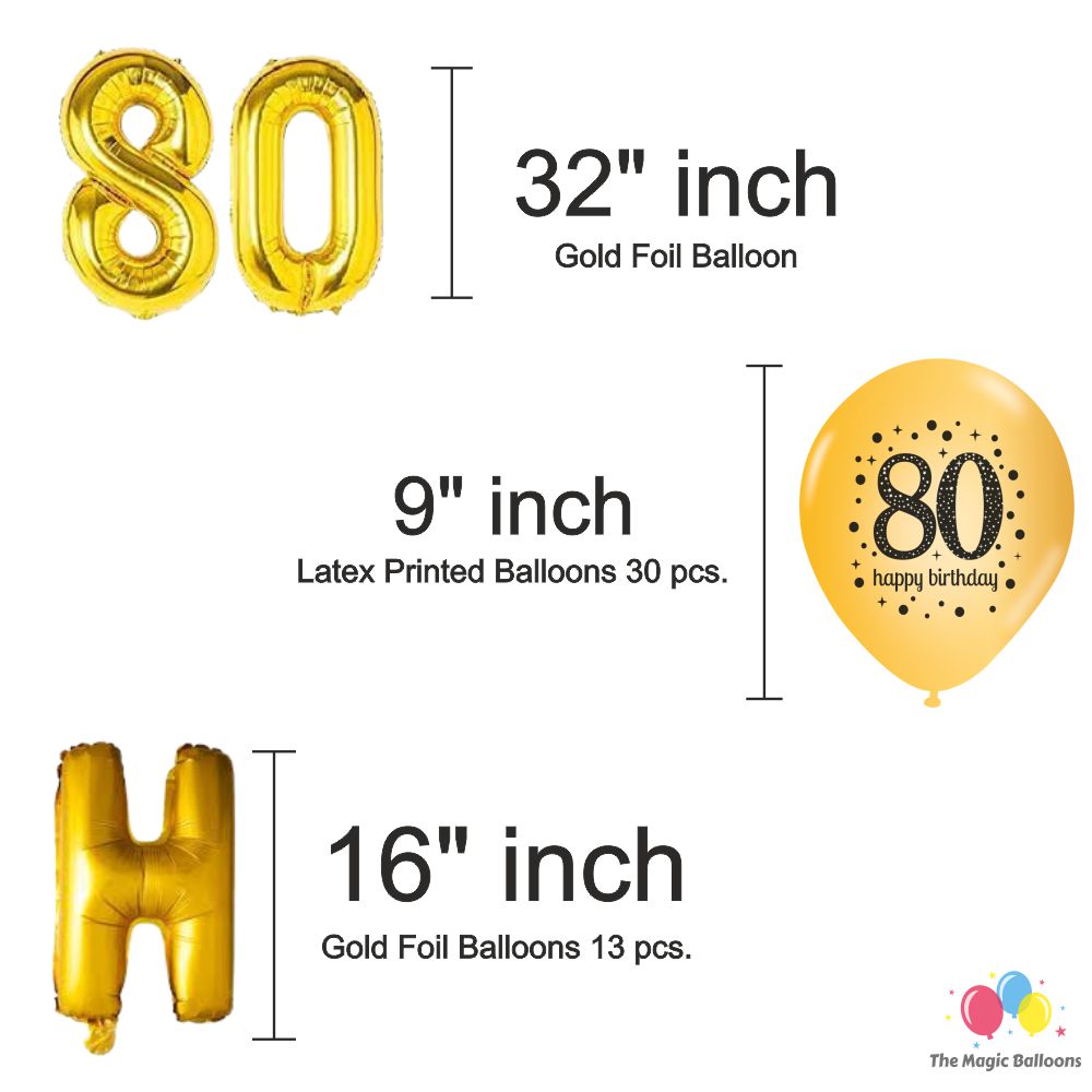 The Magic Balloons- Happy 80th Birthday decoration kit combo- 46 pcs Black Gold & silver 30 pcs rubber balloons, Happy Birthday foil banner, 2pcs Golden foil Curtain & balloon-pump The Magic Balloons- Happy 80th Birthday decoration kit combo- 46 pcs Black Gold & silver 30 pcs rubber balloons, Happy Birthday foil banner, 2pcs Golden foil Curtain & balloon-pump
