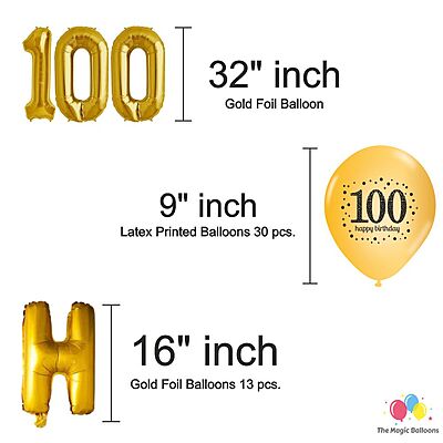 The Magic Balloons- Happy 100th Birthday decoration kit combo 49 pcs Black Golden & silver 30 pcs rubber balloons, Happy Birthday foil banner with 100 Number foil, 2pcs Golden foil Curtain & air-pump The Magic Balloons- Happy 100th Birthday decoration kit combo 49 pcs Black Golden & silver 30 pcs rubber balloons, Happy Birthday foil banner with 100 Number foil, 2pcs Golden foil Curtain & air-pump