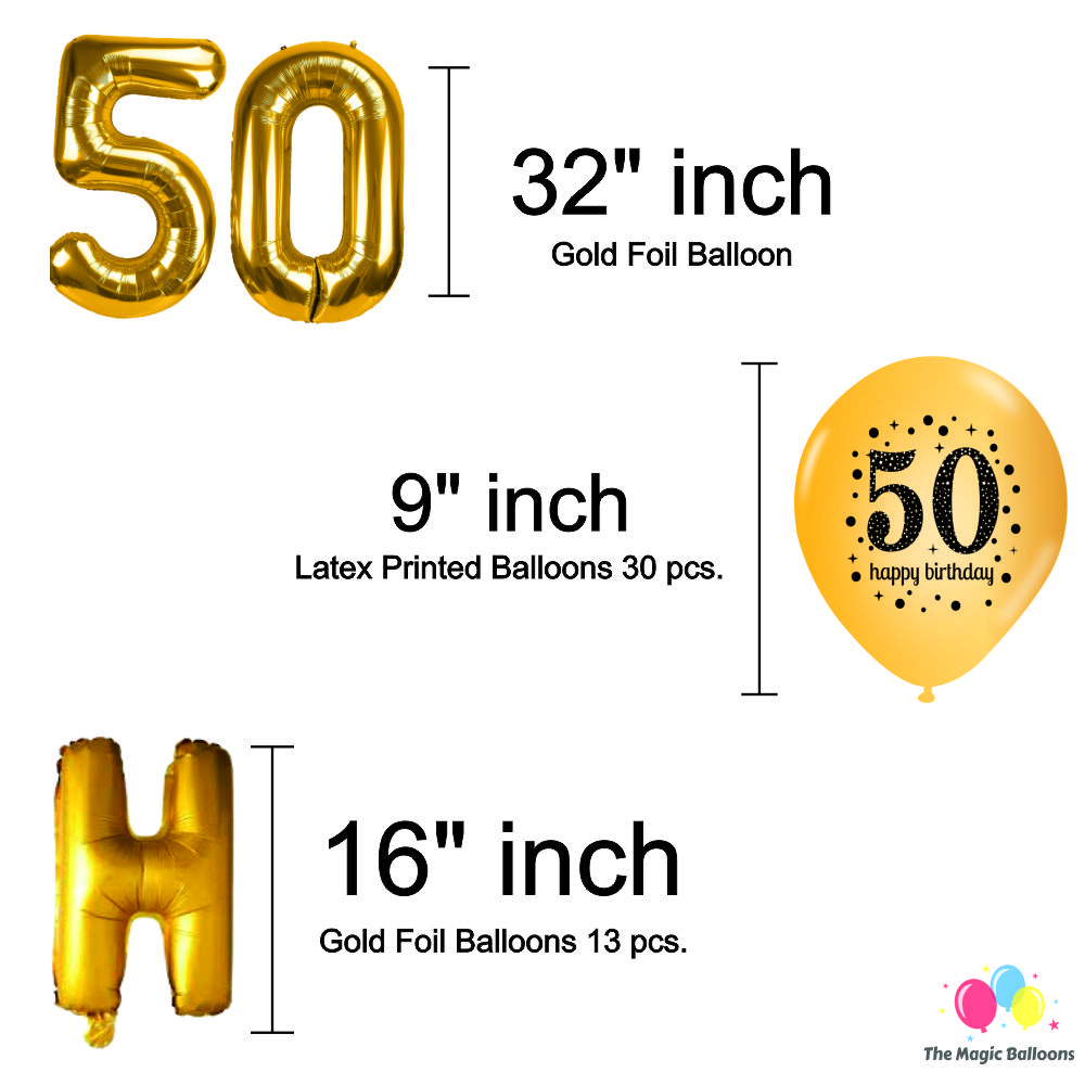 The Magic Balloons -Happy 50th Birthday Balloons, Happy Birthday Banner Black, Golden Curtain, Magic Candle & Party popper The Magic Balloons -Happy 50th Birthday Balloons, Happy Birthday Banner Black, Golden Curtain, Magic Candle & Party popper