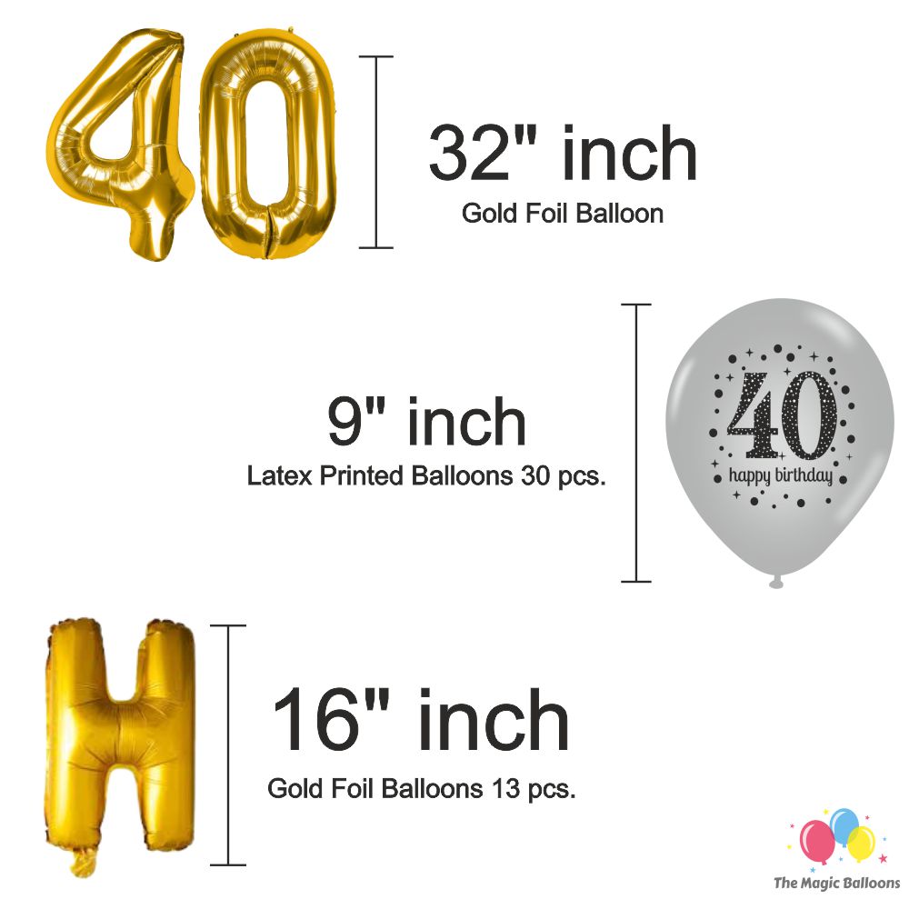The Magic Balloons -Happy 40th Birthday Balloons, Happy Birthday Banner Black, Golden Curtain, Magic Candle & Party popper The Magic Balloons -Happy 40th Birthday Balloons, Happy Birthday Banner Black, Golden Curtain, Magic Candle & Party popper