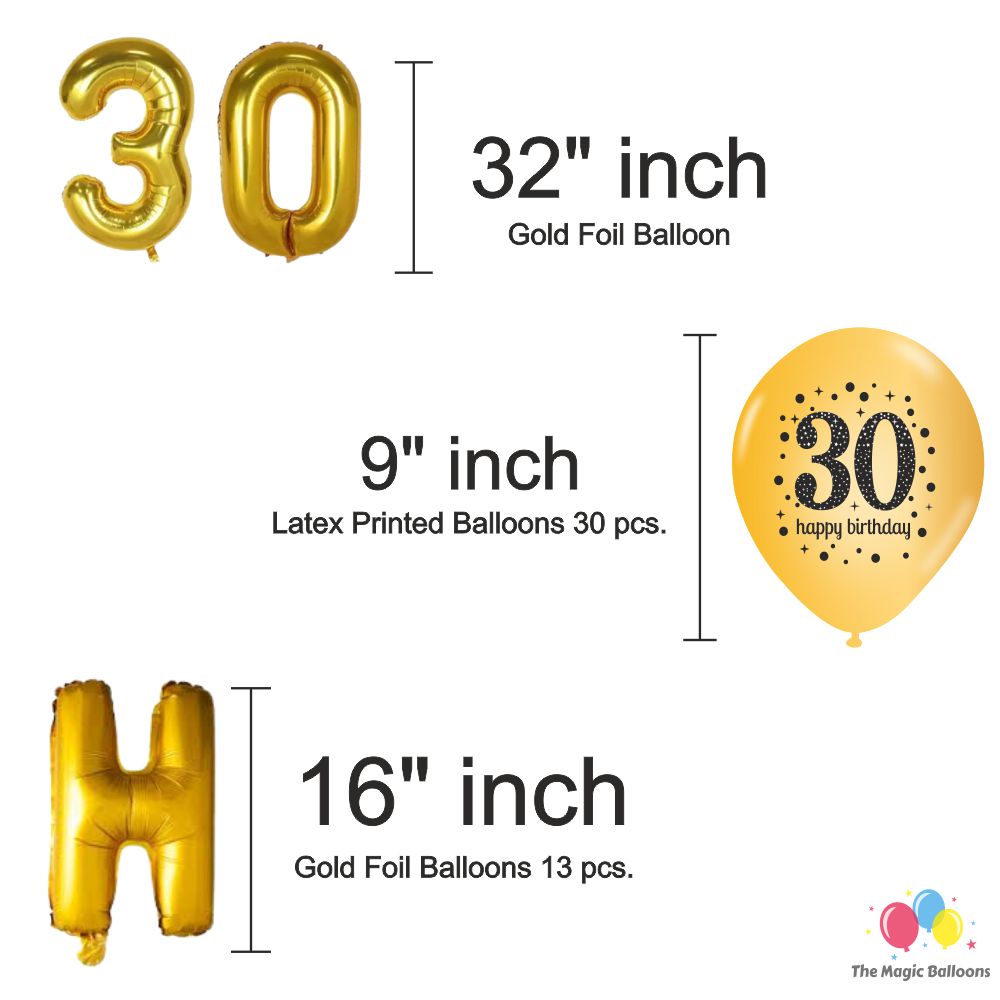 The Magic Balloons -Happy 30th Birthday Balloons -30 pcs, Happy Birthday Banner Black-1, Golden Curtain The Magic Balloons -Happy 30th Birthday Balloons -30 pcs, Happy Birthday Banner Black-1, Golden Curtain
