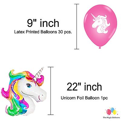 The Magic Balloons- Printed Unicorn Theme Party Decoration Combo Kit for Theme Party, Happy Birthday Decoration Combo 38 pcs, Foil 5 pcs set, 2 Foil Curtain 1 Banner and 30 Balloons- 181573 The Magic Balloons- Printed Unicorn Theme Party Decoration Combo Kit for Theme Party, Happy Birthday Decoration Combo 38 pcs, Foil 5 pcs set, 2 Foil Curtain 1 Banner and 30 Balloons- 181573
