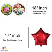 The Magic Balloons Store – Printed Cocomelon Birthday Party Decoration combo kits – Cocomelon Birthday Combo Pack of 38 Pcs, foil 5 pcs Set,1 Happy Birthday banner, 2 Foil Curtains,30 Balloons-181547