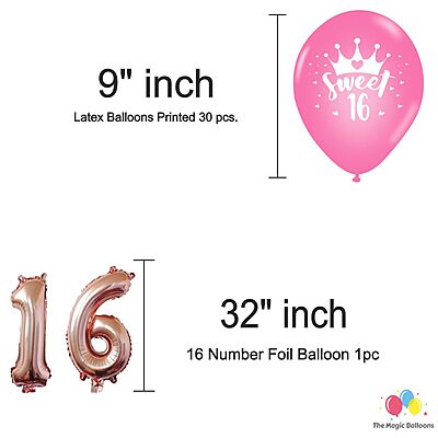 The Magic Balloons-Sweet 16 Balloons combo with printed balloons 30 Sweet 16 printed balloons 5 foils set 16 rose gold foil 2 curtain 1 banner Birthday Decoration/Party Supplies-Pack of 39 pcs The Magic Balloons-Sweet 16 Balloons combo with printed balloons 30 Sweet 16 printed balloons 5 foils set 16 rose gold foil 2 curtain 1 banner Birthday Decoration/Party Supplies-Pack of 39 pcs