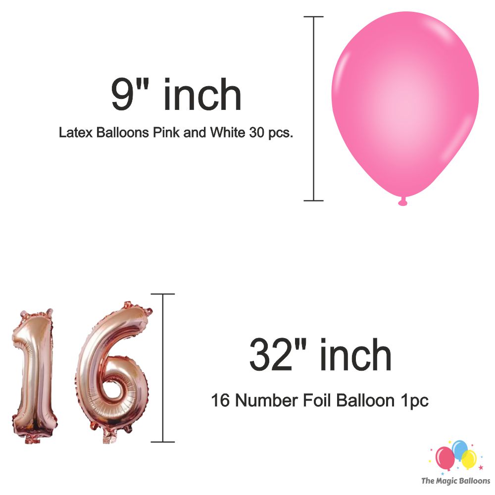 The Magic Balloons-Sweet 16 Balloons combo with pink/white balloons for décor 30 latex balloons 5 foils set 16 rose gold foil 2 curtain 1banner Birthday Decoration/Party Supplies -Pack of 39 pcs The Magic Balloons-Sweet 16 Balloons combo with pink/white balloons for décor 30 latex balloons 5 foils set 16 rose gold foil 2 curtain 1banner Birthday Decoration/Party Supplies -Pack of 39 pcs