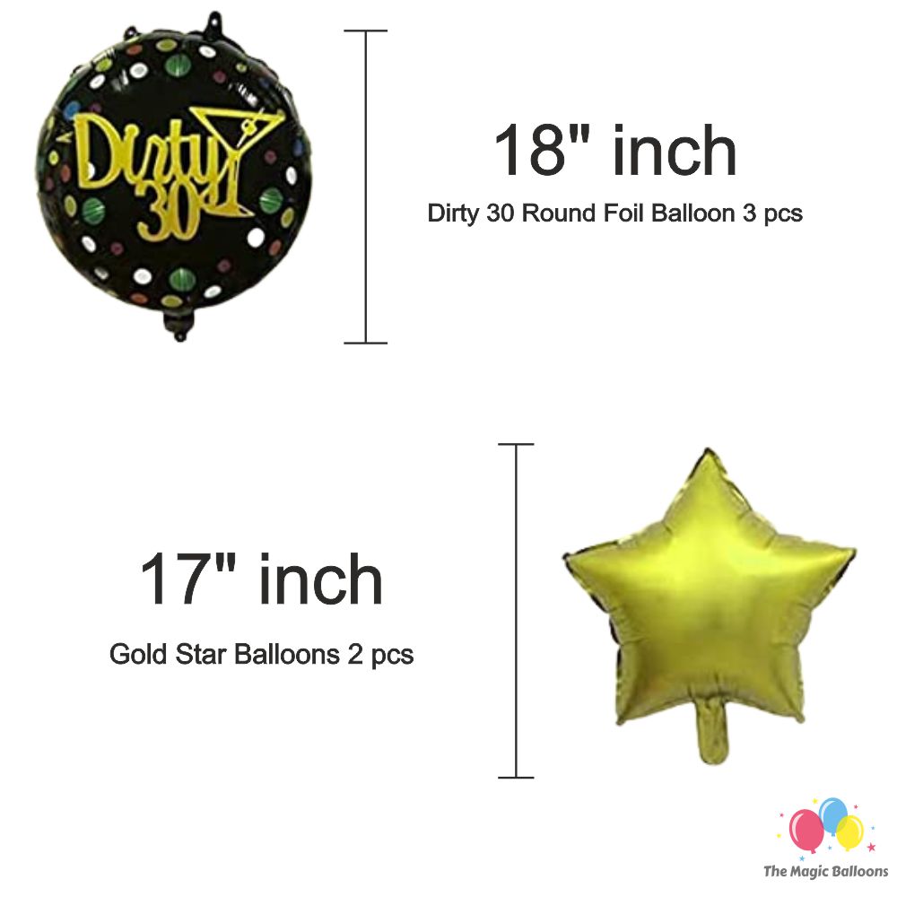The Magic Balloons Store –Dirty 30 Theme Birthday Party Decoration Combo Kits – Combo Pack Of 38 Pcs, Foil 5pcs Set,1 Happy Birthday Banner, 2 Foil Curtains, 30 Balloons-181602 The Magic Balloons Store –Dirty 30 Theme Birthday Party Decoration Combo Kits – Combo Pack Of 38 Pcs, Foil 5pcs Set,1 Happy Birthday Banner, 2 Foil Curtains, 30 Balloons-181602