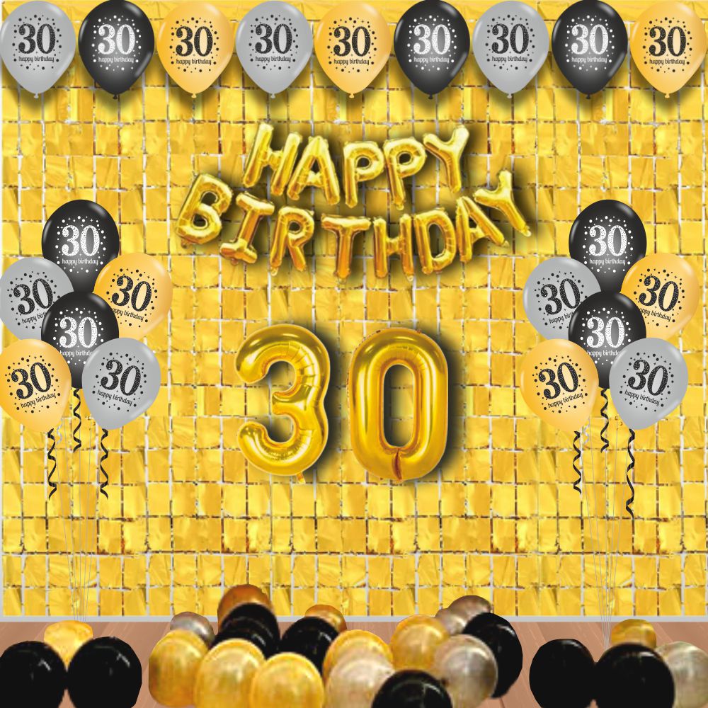 The Magic Balloons -Happy 30th Birthday Balloons -30 pcs, Happy Birthday Banner Black-1, Golden Curtain The Magic Balloons -Happy 30th Birthday Balloons -30 pcs, Happy Birthday Banner Black-1, Golden Curtain