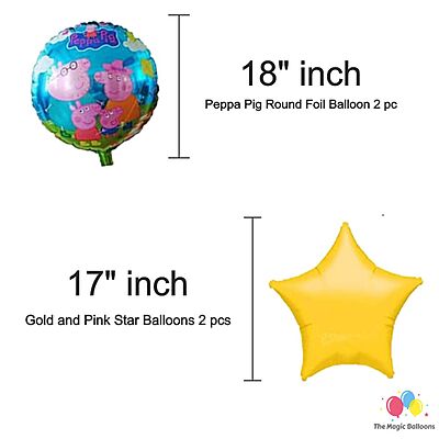 The Magic Balloons- Peppa Pig Birthday Party Decoration combo kit Pack of 38 pcs Peppa Pig Foil Balloons Set of 5 pcs,1 Happy Birthday banner, 2 Silver Foil Curtains, 30 Peppa theme printed Balloons The Magic Balloons- Peppa Pig Birthday Party Decoration combo kit Pack of 38 pcs Peppa Pig Foil Balloons Set of 5 pcs,1 Happy Birthday banner, 2 Silver Foil Curtains, 30 Peppa theme printed Balloons