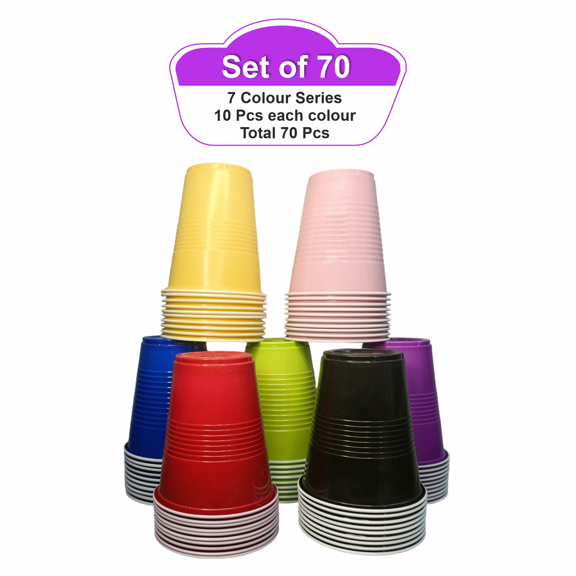 Multicolor Glasses Set of 70 - 450ml Reusable Drinking Glasses for Diwali Holi New Year Bachelor Parties Halloween & Christmas | Party Cups for Adults | Beer Pong-10 pcs Each Color Multicolor Glasses Set of 70 - 450ml Reusable Drinking Glasses for Diwali Holi New Year Bachelor Parties Halloween & Christmas | Party Cups for Adults | Beer Pong-10 pcs Each Color