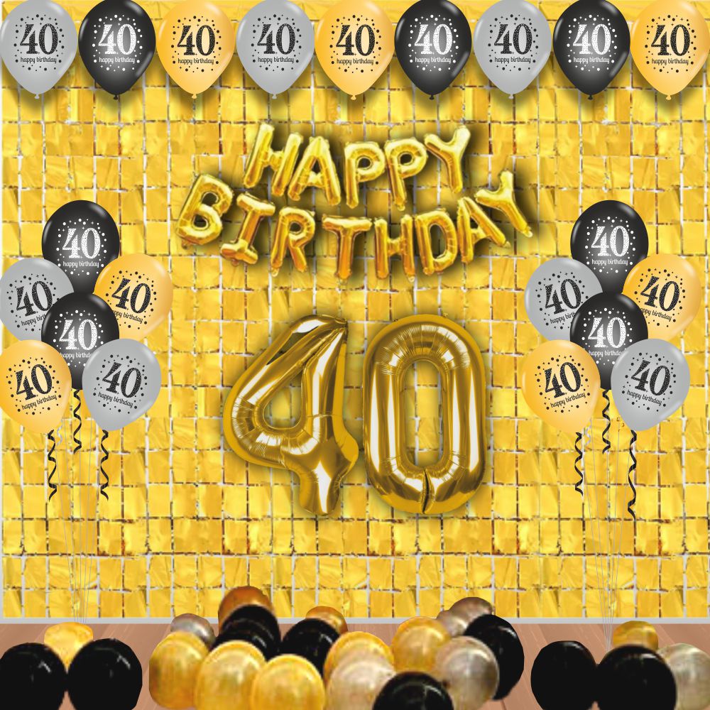 The Magic Balloons -Happy 40th Birthday Balloons, Happy Birthday Banner Black, Golden Curtain, Magic Candle & Party popper The Magic Balloons -Happy 40th Birthday Balloons, Happy Birthday Banner Black, Golden Curtain, Magic Candle & Party popper