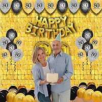 The Magic Balloons- Happy 80th Birthday decoration kit combo 48 pcs Black Golden & silver 30 pcs rubber balloons, Happy Birthday foil banner with 80 Number foil, 2pcs Golden foil Curtain & air-pump