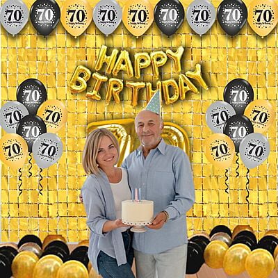 The Magic Balloons- Happy 70th Birthday decoration kit combo- 48 pcs Black Golden & silver 30 pcs rubber/latex balloons, Birthday Foil banner with 30 Number foil, 2pcs Golden foil Curtain & air-pump