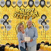 The Magic Balloons -Happy 60th Birthday Balloons, Happy Birthday Banner Black, Golden Curtain, Magic Candle & Party popper