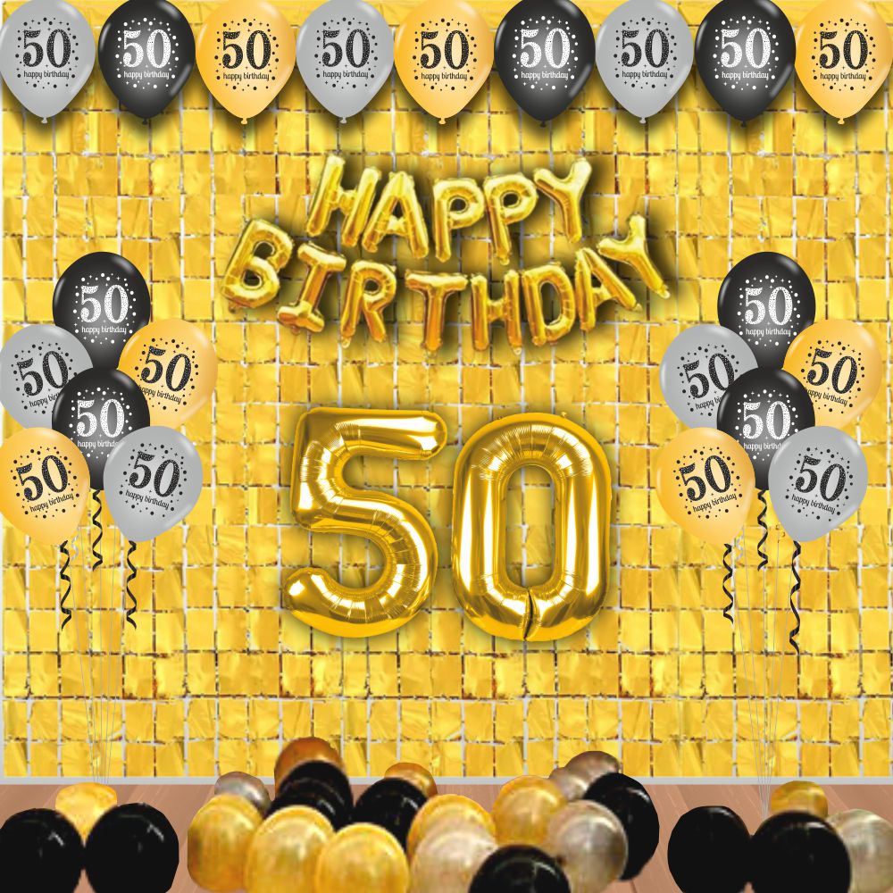 The Magic Balloons -Happy 50th Birthday Balloons, Happy Birthday Banner Black, Golden Curtain, Magic Candle & Party popper The Magic Balloons -Happy 50th Birthday Balloons, Happy Birthday Banner Black, Golden Curtain, Magic Candle & Party popper